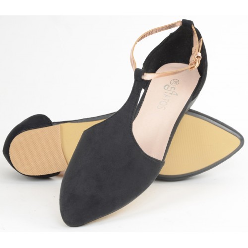 Estatos Suede Leather With Shiny Golden Strap Flat Black Sandals